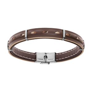 Bracelet en acier et cuir marron véritable avec tranche beige avec cordon 21cm réglable