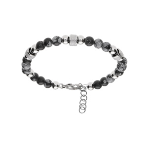 Bracelet acier et boules labradorite teinté grises avec cylindre granité réglable 19 à 21cm
