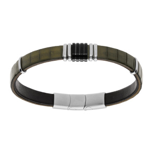 Bracelet en acier et cuir bovin vert kaki avec barrettes 20+1cm double fermoir