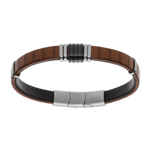 Bracelet en acier et cuir bovin marron clair avec barrettes PVD noir 20+1cm double fermoir