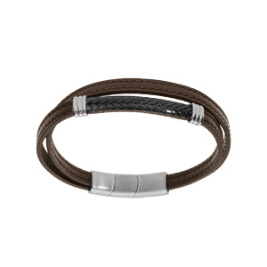 Bracelet en acier double cuir bovin marron avec tresse PVD noir double fermoir 20.5+1.5cm