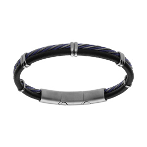 Bracelet en acier et cuir bovin noir avec câble tresse PVD bleu double fermoir
