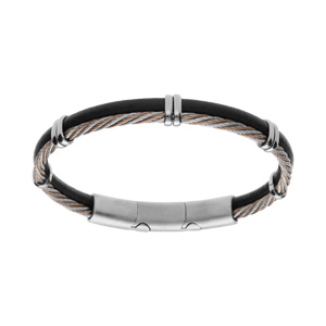 Bracelet en acier et cuir bovin marron avec câble tresse PVD doré rose double fermoir