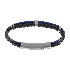 Bracelet en acier câble bleu et tresse cuir bovin bleu réglable double fermoir
