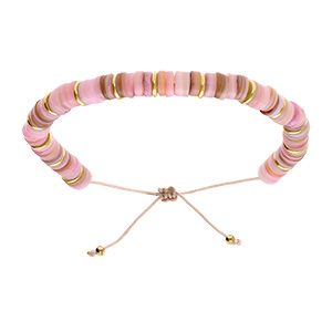 Bracelet en acier et PVD doré réglable rondelles coquillage teinté rose