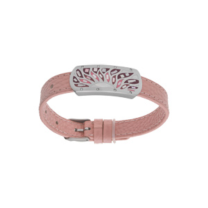 Bracelet Stella Mia en acier et cuir rose plaque rectangulaire avec motif tons roses et nacre blanch