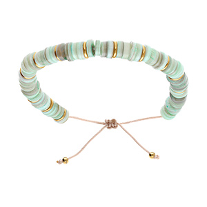 Bracelet en acier et PVD doré cordon réglable et rondelles coquillage teinté bleu