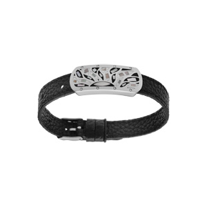 Bracelet Stella Mia en acier et cuir noir plaque rectangulaire avec motif tons noirs et nacre blanch