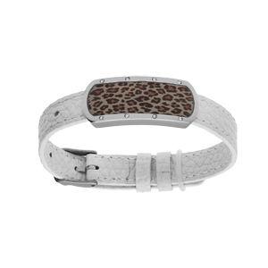 Bracelet en acier et cuir bovin blanc plaque rectangulaire avec résine léopard réglable
