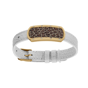 Bracelet en acier et PVD jaune et cuir bovin blanc motif rectangulaire avec résine léopard réglable
