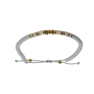 Bracelet en acier cordon coulissant rondelles blanches et boules PVD doré