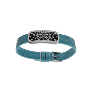 Bracelet en acier et cuir turquoise plaque rectangulaireavec motif nacre blanche sur fond noir régla
