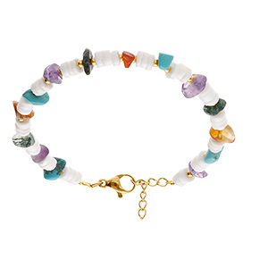 Bracelet en acier rondelles coquillage avec améthyste, agate rouge, obsidienne et turquoise imitation 16+3cm
