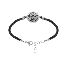 Bracelet en acier cordon noir pastille ronde motif végétal nacre blanche 16+3cm