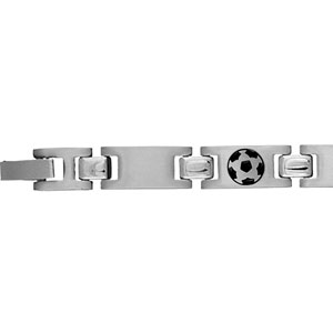 Bracelet en acier alternance de maillons lisses et maillons ornés d'un ballon de foot en résine noir