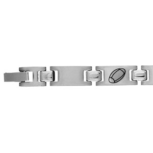 Bracelet en acier alternance de maillons lisses et maillons ornés d’un ballon de rugby en résine noire – 21cm