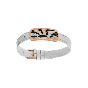 Bracelet en acier et PVD rose cuir blanc plaque rectangulaire avec motifs blancs et noirs réglable