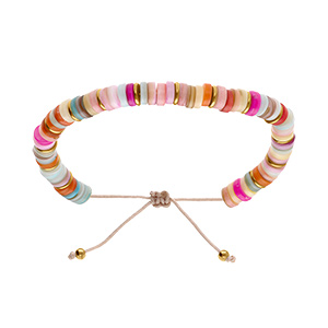 Bracelet en acier et PVD doré, réglable rondelles coquillage teinté multicolore