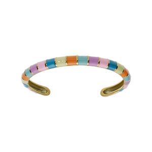 Bracelet en acier et PVD doré, forme jonc résines multicolores