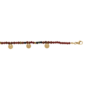 Bracelet en acier et PVD doré, verre et pierre rouge véritable avec pampilles pastilles 16+3cm