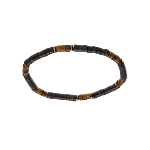 Bracelet en acier et PVD doré extensible oeil de tigre et ilmenite bronzitite véritable