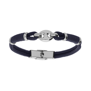 Bracelet en acier et cordon bleu avec grain de café au centre longueur 20cm réglable