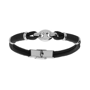 Bracelet en acier et cordon noir avec grain de café au centre longueur 20cm réglable