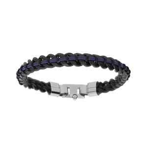 Bracelet en acier PVD noir maille gourmette 8mm et cuir bleu 21cm