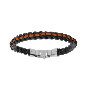 Bracelet en acier PVD noir maille gourmette 8mm et cuir orange 21cm