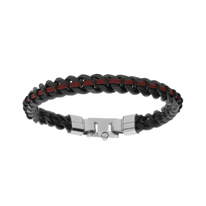 Bracelet en acier PVD noir maille gourmette 8mm et cuir bordeau 21cm