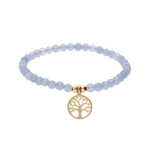 Bracelet extensible en acier et PVD jaune perles 4mm pierres naturelles Agate bleu clair et pampille arbre de vie