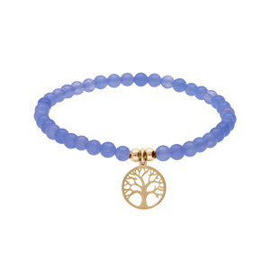 Bracelet extensible en acier et PVD jaune perles 4mm pierres naturelles Agate bleu et pampille arbre de vie