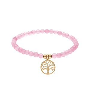 Bracelet extensible en acier et PVD jaune perles 4mm pierres naturelles Agate rose et pampille arbre de vie
