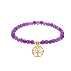 Bracelet extensible en acier et PVD jaune perles 4mm pierres naturelles Agate violette et pampille arbre de vie