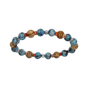 Bracelet en acier extensible boules howlite bleu et paesine véritable et cube hématite