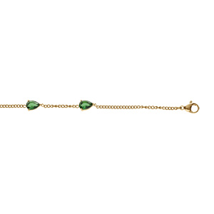 Bracelet en acier et PVD doré 3 oxydes verts en goutte 16+3cm
