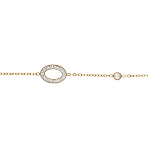 Bracelet en acier PVD doré ovale contour résine et strass et 1 oxyde blanc 17+3cm