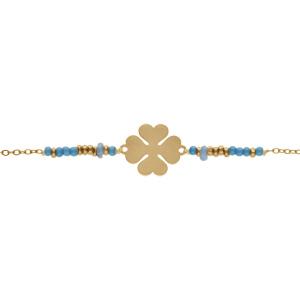 Bracelet en acier PVD doré motif trèfle et boules bleues 16+3cm