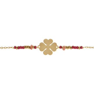 Bracelet en acier PVD doré motif trèfle et boules rouges 16+3cm