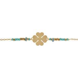 Bracelet en acier PVD doré motif trèfle et boules turquoises imitation 16+3cm