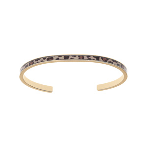 Bracelet jonc en acier et PVD jaune rigide largeur 4mm diamètre 58mm motif résine léopard