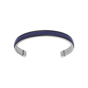 Bracelet jonc en acier ouvert et fond cuir lisse bleu véritable