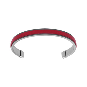 Bracelet jonc en acier ouvert et fond cuir lisse rouge véritable