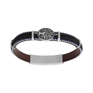 Bracelet en acier et cuir véritable marron extérieur bracelet tissu bleu pastille motif arbre de vie 20.5+1cm double fermoir