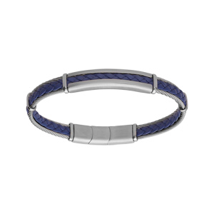 Bracelet en acier et câble cuir véritable tressé couleur bleu 20+1cm double fermoir