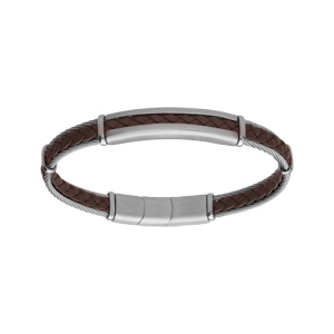 Bracelet en acier et câble cuir véritable tressé couleur marron 20+1cm double fermoir