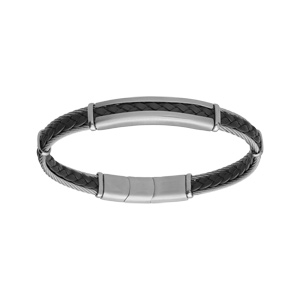 Bracelet en acier et câble cuir véritable tressé noir 20+1cm double fermoir