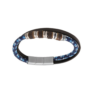 Bracelet en acier 2 rangs cuir véritable noir et cordon tresse bleu et multi rondelles 20+1cm double