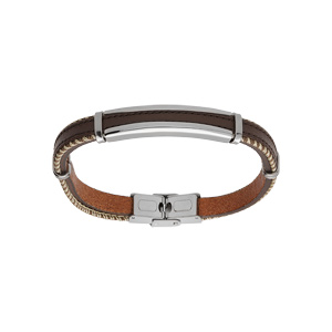 Bracelet en acier et cuir véritable marron 21cm réglable