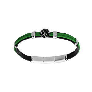Bracelet en acier et cuir noir, cordon vert et pastille motif roue 20+1cm double fermoir